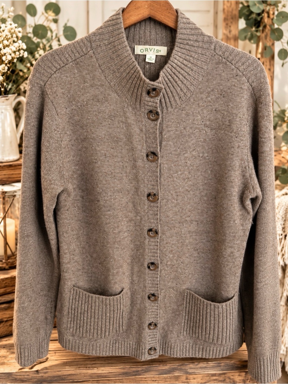 100% Cashmere Orvis Taupe Button-Up Cardigan